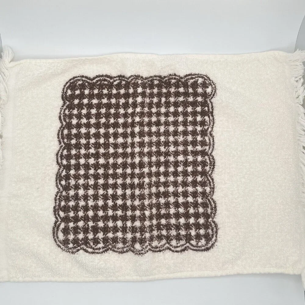 Vintage 70s MCM Flower Brown White Hand Towels Boho Groovy Fringe Set Of 3